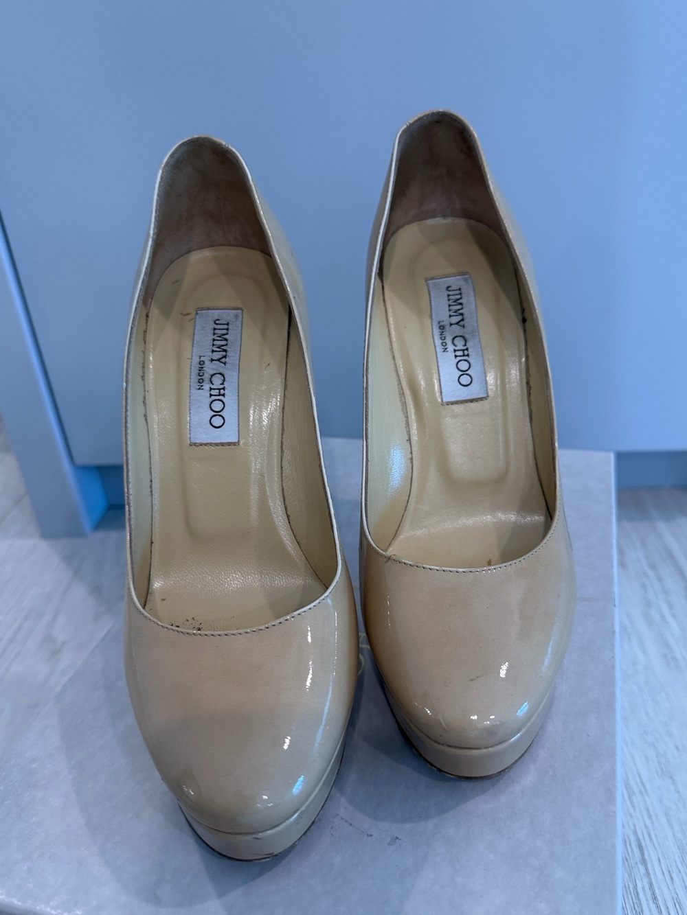 Jimmy Choo Beige Patent Leather Platform Pumps